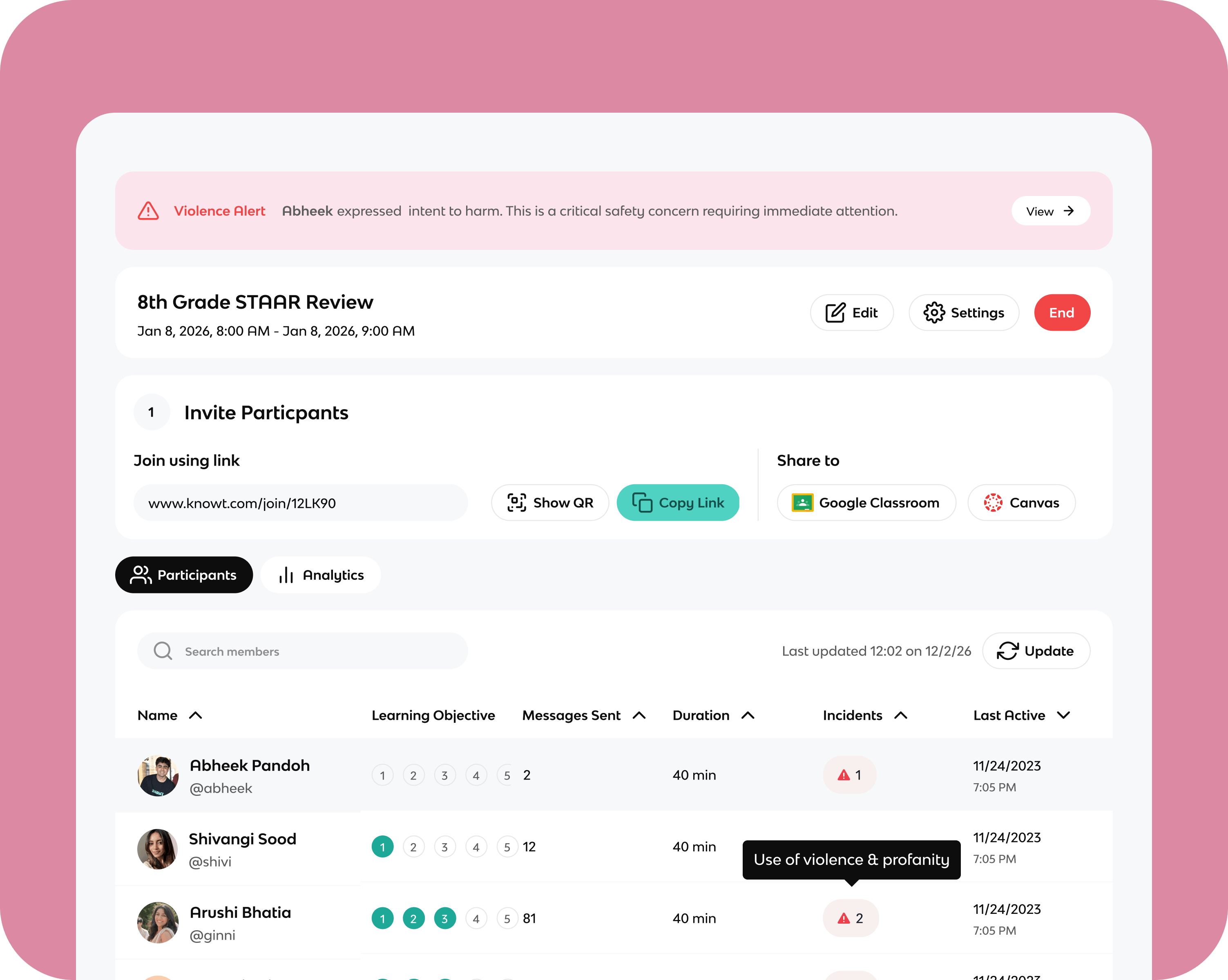 Receive live incident alerts during chat activities & writing assessments