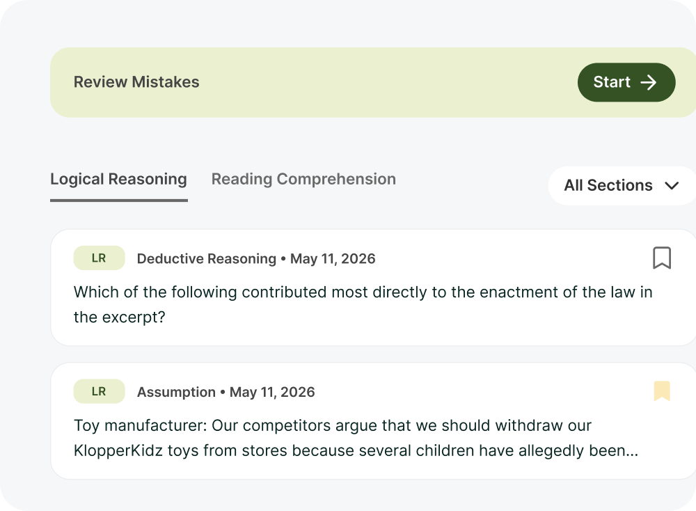 LSAT error review interface showing mistake log with section filters