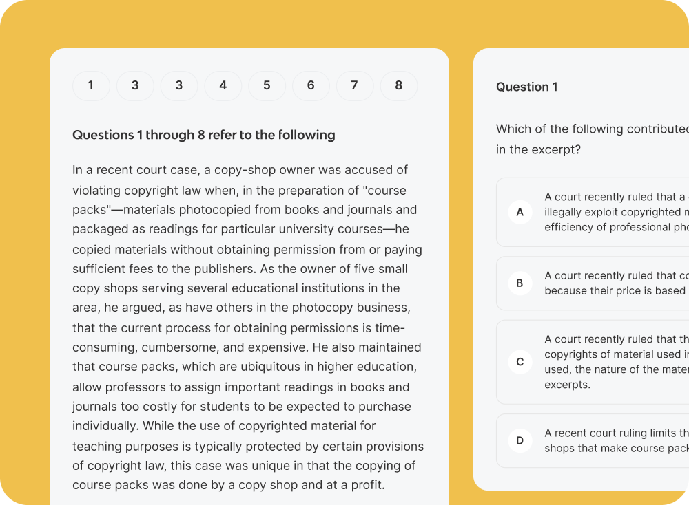 LSAT mock exam interface showing a reading passage and multiple choice question