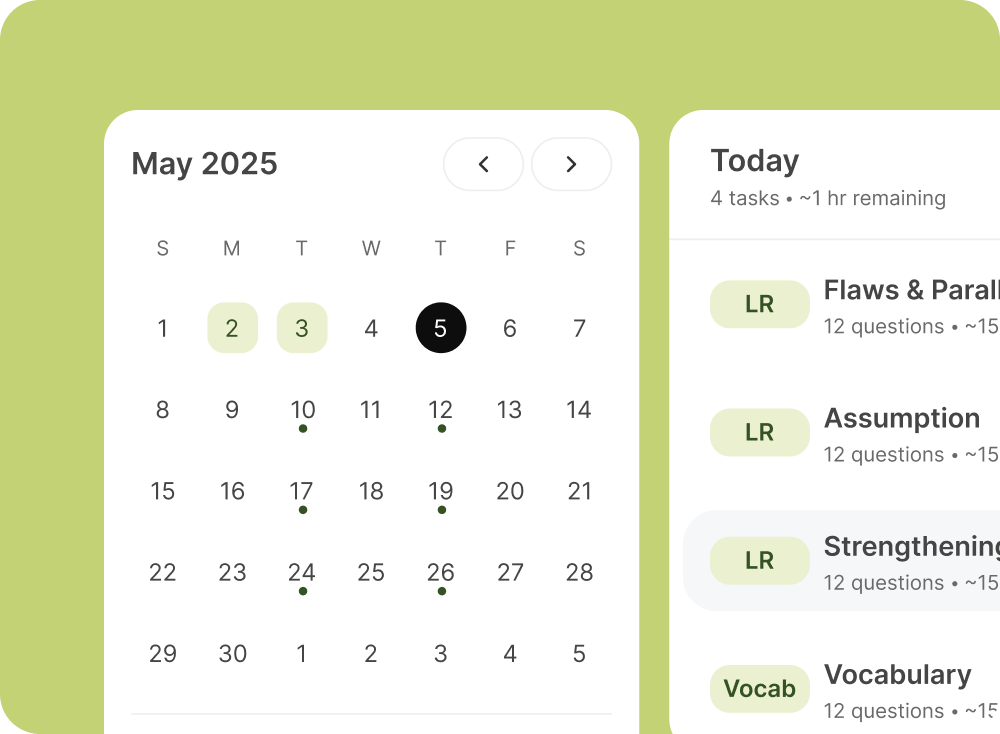 Personalized LSAT study schedule with calendar and daily task list