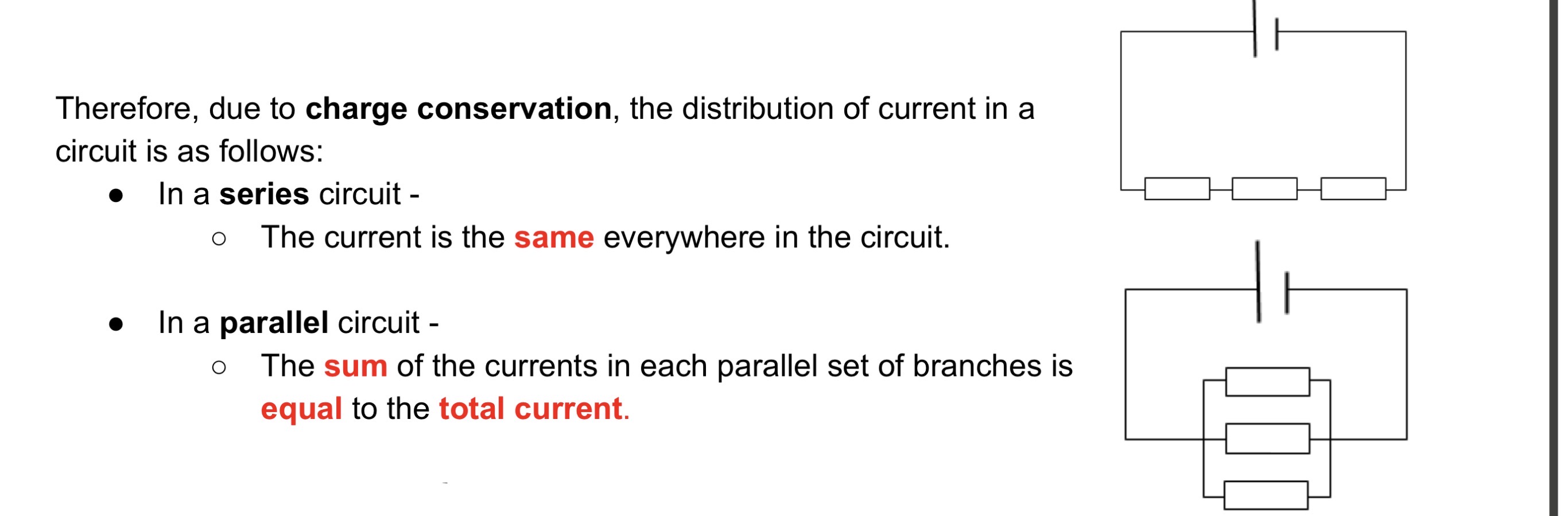 <p>An application of charge conservation stating that the total current flowing into a junction is equal to the current flowing out of that junction.</p>