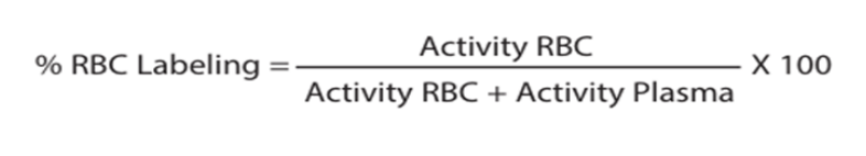 <p>% RBC Labeling = [(Activity RBC) / (Activity RBC + Activity Plasma)] *100</p>