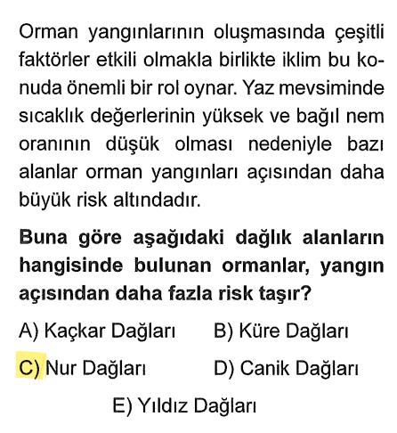 <p>Orman yangını için <strong>yüksek sıcaklık ve düşük nem</strong> (yaz kuraklığı) gerekir. Nur Dağları (Hatay), Akdeniz iklim bölgesindedir ve yazları çok sıcak/kuraktır. Diğer seçenekler (Kaçkar, Küre, Canik, Yıldız) daha nemli ve serin Karadeniz iklim kuşağındadır.</p>