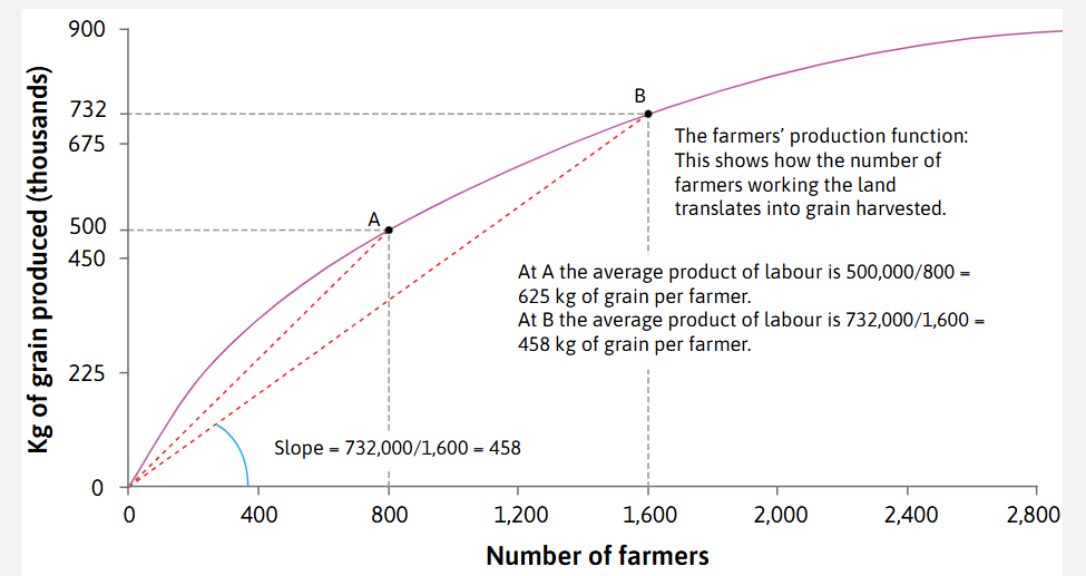 <p>With this production function, what is happening to</p><p>f(x)</p><p>f’(x)</p><p>f’’(x)</p><p>If we say x = number of farmers, and f(x) = grain produced</p>