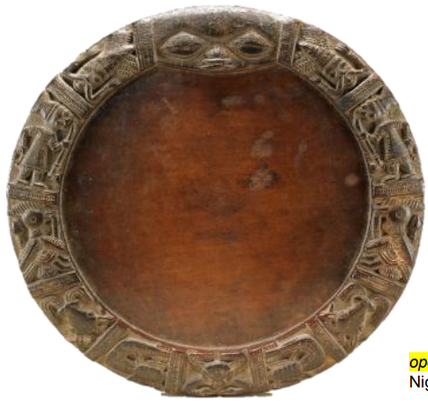 <ul><li><p>diviner (babalawo) holding an <em>iroke</em> (divination tapper during <em>ifa</em> (divination process). An open ifa (divination tray) is in front of the diviner, and an agere ifa (divination cup) to hold the palm nuts is to the diviner’s left.</p></li><li><p>diviner mediates between humans and spirits</p><ul><li><p>uses the plate like tray </p></li><li><p>images in low relief around the border, figures, patterns, animals from oroba myth</p></li><li><p>covered with a dust from a sacred wood, after the dust is pressed on the tray, palm nuts are put onto the tray, then the diviner interprets the patterns</p></li></ul></li><li><p>main orisha associated with Ifa: eshu</p><ul><li><p>pipes are closely linked to Eshu</p></li></ul></li><li><p>rooster with a snack on its beak</p></li><li><p>crabs: live on both land and water (crossroads), they do not walk in straight lines, but move sideways: idea of chance and crossroads</p></li><li><p>rams (power) with mudfish</p></li></ul><p></p>