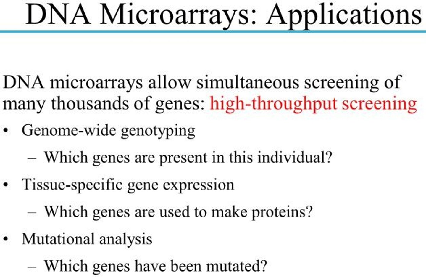 <p>A microarray can answer such questions as which genes are expressed at a given stage in the development of an organism. The total complement of mRNA is isolated from cells at two different stages of development and converted to cDNA, using reverse transcriptase and fluorescently labeled deoxynucleotides. The fluorescent cDNAs are then mixed and used as probes, each hybridizing to complementary sequences on the microarray.</p><p>In Figure 9-22, for example, the labeled nucleotides used to make the cDNA for each sample fluoresce in two different colors. The cDNA from the two samples is mixed and used to probe the microarray. Spots that fluoresce green represent mRNAs more abundant at the single-cell stage; those that fluoresce red represent sequences more abundant later in development. The mRNAs that are equally abundant at both stages of development fluoresce yellow. By using a mixture of two samples to measure relative rather than absolute abundance of sequences, the method corrects for variations in the amounts of DNA originally deposited in each spot on the grid and other possible inconsistencies among spots in the microarray. The spots that fluoresce provide a snapshot of all the genes being expressed in the cells at the moment they were harvested—gene expression examined on a genome-wide scale. For a gene of unknown function, the time and circumstances of its expression can provide important clues about its role in the cell.</p>