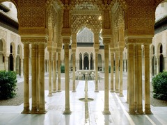 <p>Form:</p><p>-whitewashed adobe stucco, wood, tile, paint, and gilding</p><p>-complex arches</p><p>-elevated on top of a hill (power)</p><p>-arabesques (organic/natural designs- flowers/vines) on arches</p><p>Content:</p><p>-court of lions: courtyard with gardens and water- luxurious</p><p>-4 quadrants</p><p>-channels of water run throughout</p><p>Function:</p><p>-complex of palaces</p><p>-some markets</p><p>-garden provokes sense of paradise/heaven</p><p>-palace of Nasrid</p><p>Context:</p><p>-Granada, Spain- Nasrid Dynasty 1354-1391 CE</p>