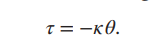 <p>The torsion constant (Kappa) is dependent on the length, diameter, and the material of the suspension wire itself. </p><p></p><p>The restoring torque (tau) is the product of the torsion constant and the displacement angle</p><p></p><p>This relationship is the angular analogue to the linear spring-force relationship:</p><p></p><p>Torque is the restoring force in an angular context; f<sub>S</sub> is the restoring force in a linear context </p><p></p><p>Kappa is the angular constant; k is the linear constant</p><p></p><p>Theta is the angular displacement; x is the linear displacement </p><p></p>