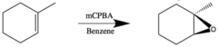 <p>Syn. +/-</p><p>Solvent often benzene.</p><p>using mCPBA a Peroxy Acid (-COOH)</p>