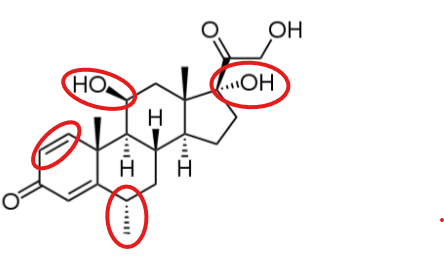 <ul><li><p>double bond on C1-2 (increases GC activity, decreases MC activity)</p></li><li><p>a-hydroxyl at C17 (increases GC activity)</p></li><li><p>b-hydroxyl at C11 (increases GC activity)</p></li><li><p>methyl group at C6 (increases GC/MC ratio)</p></li></ul><p></p>