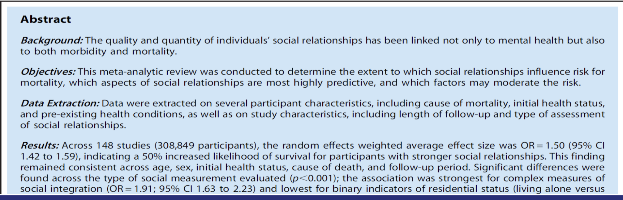 <p>-50% greater survival for participants in <strong>strong </strong>social relationships </p>