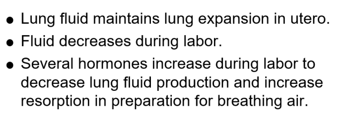 <p>epi &amp; norepinephrine: activate sodium channels so water &amp; sodium move out the lungs </p><p>in C section, this process is limited. can cause wet lungs </p>