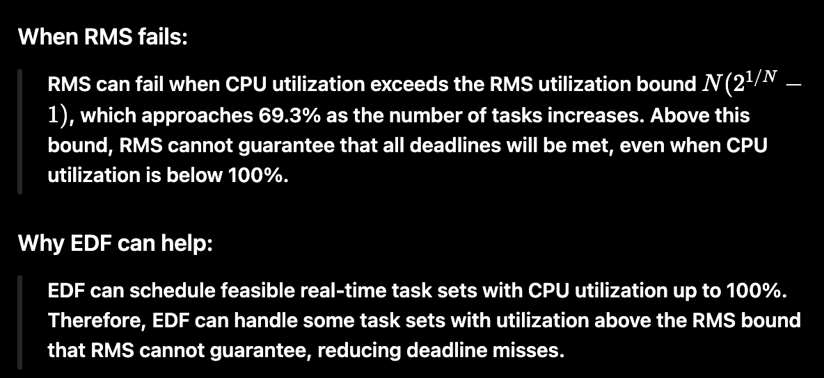 <p><span style="background-color: transparent; font-family: "Times New Roman", serif;"><strong>When RMS fail:</strong> RMS can fail when CPU utilization exceeds its bound, which approaches <strong>69%</strong>, so deadlines are not guaranteed.</span></p><p><br></p><p><span style="background-color: transparent; font-family: "Times New Roman", serif;"><strong>Why EDF can help:</strong> EDF is theoretically optimal and can schedule processes with up to <strong>100% CPU&nbsp;</strong></span></p><p><span style="background-color: transparent; font-family: "Times New Roman", serif;"><strong>utilization</strong>, allowing deadlines to be met when RMS cannot.</span></p><p></p><p></p><p></p><p></p><p><strong>When RMS fails:</strong> RMS can fail when total CPU utilization exceeds the RMS utilization bound N(21/N−1)N(2^{1/N}-1), which approaches <strong>69.3%</strong> as NN increases. Thus, RMS may miss deadlines even when the total utilization is below 100%.</p><p><strong>Why EDF can help:</strong> EDF can schedule a feasible task set as long as total CPU utilization is <strong>≤ 100%</strong>. Therefore, EDF can successfully schedule some task sets with utilization above the RMS bound that RMS cannot.</p><p></p><p>more:</p><p><strong>When RMS fail:</strong> RMS can fail when CPU utilization exceeds the RMS utilization bound, N(21/N−1)N(2^{1/N}-1). A task set may therefore miss deadlines even though the total CPU utilization is below 100%.</p><p><strong>Why EDF can help:</strong> EDF has a higher schedulability bound and can schedule any feasible periodic task set when total CPU utilization is ≤100%\le 100\%, so it can meet deadlines for task sets that RMS cannot.</p>