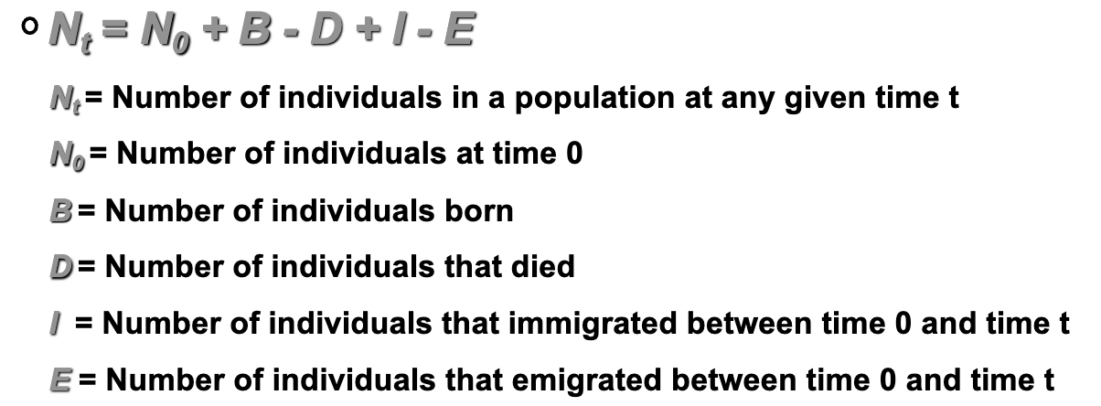 <p>If we measure these rates over many time intervals, we can</p><p>determine how a population’s density changes over time</p><p>1. If B + I > E + D then population increases</p><p>2. If B + I < E + D then population decreases</p>