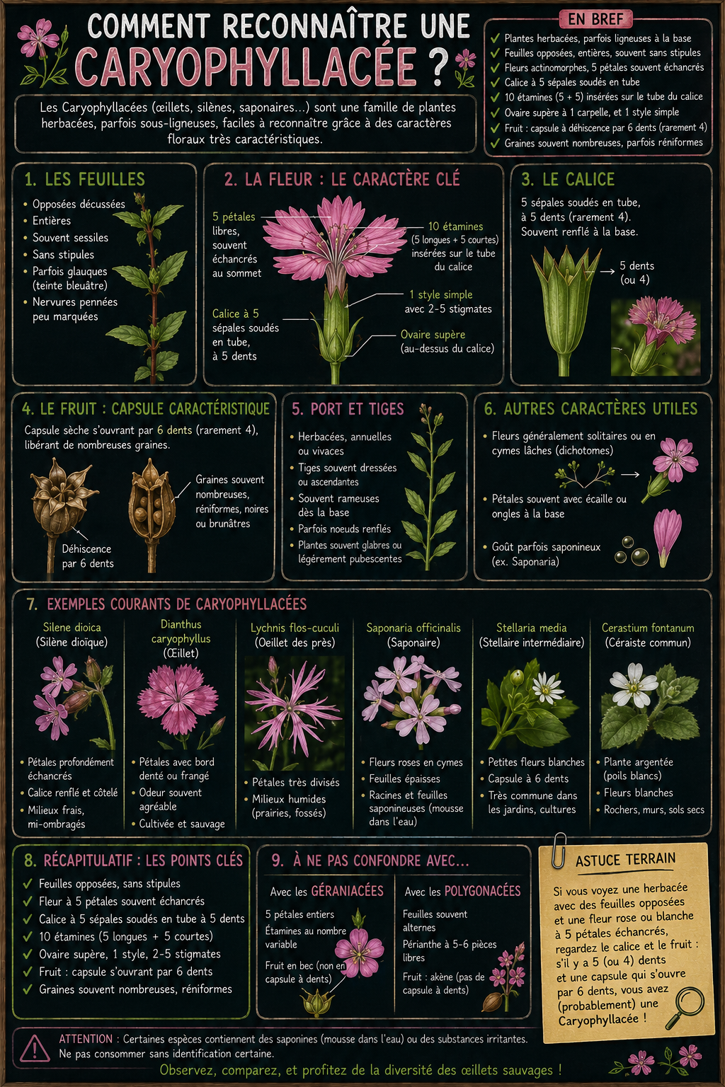 <p>Les Caryophyllaceae sont reconnaissables par leur port et leurs feuilles. Les feuilles sont opposées, simples, entières, souvent sans pétiole (sessiles) et insérées sur des nœuds renflés, ce qui est un critère très important.</p><p>Les fleurs sont souvent roses, blanches ou rouges, avec 5 pétales souvent échancrés (en deux lobes). Le calice peut être tubuleux (sépales soudés).</p><p>On observe souvent une inflorescence en cyme bipare. Le gynécée possède un ovaire supère avec plusieurs stigmates.</p><p>Le fruit est une capsule.</p><p>En résumé : feuilles opposées + nœuds renflés + pétales échancrés = Caryophyllaceae.</p>