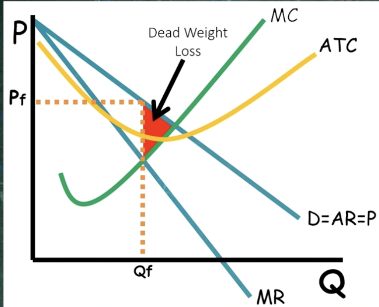 <ul><li><p>MR = MC</p></li><li><p>Price up to demand</p></li><li><p>Earns economic profit in the long run</p></li><li><p>ATC is long run ATC (capture economies of scale)</p></li><li><p>Productively efficient: when min ATC = MC</p></li></ul><p></p>