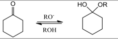<p>ketone/aldehyde -> hemi-ketal</p><p>basic conditions</p>