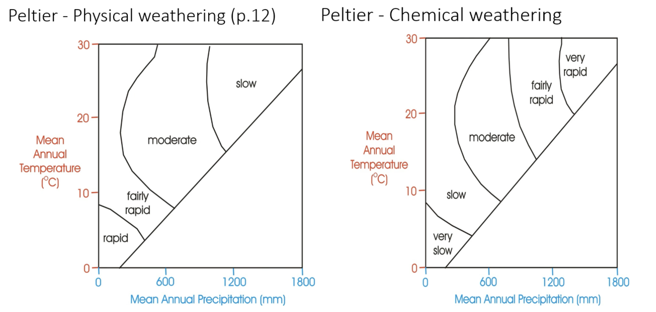 <p>Shows how <strong>temperature + precipitation</strong> affect weathering intensity.</p><ul><li><p><strong>Warm + wet</strong> → strongest chemical weathering</p></li><li><p>Physical weathering in the model considers <strong>ONLY freeze-thaw</strong></p></li></ul><p><strong>Limitations:</strong></p><ul><li><p>Does not account for other physical weathering processes</p></li><li><p>Does not fully account for local factors such as <strong>water chemistry/pH and mineral-specific responses</strong></p></li></ul><p></p>