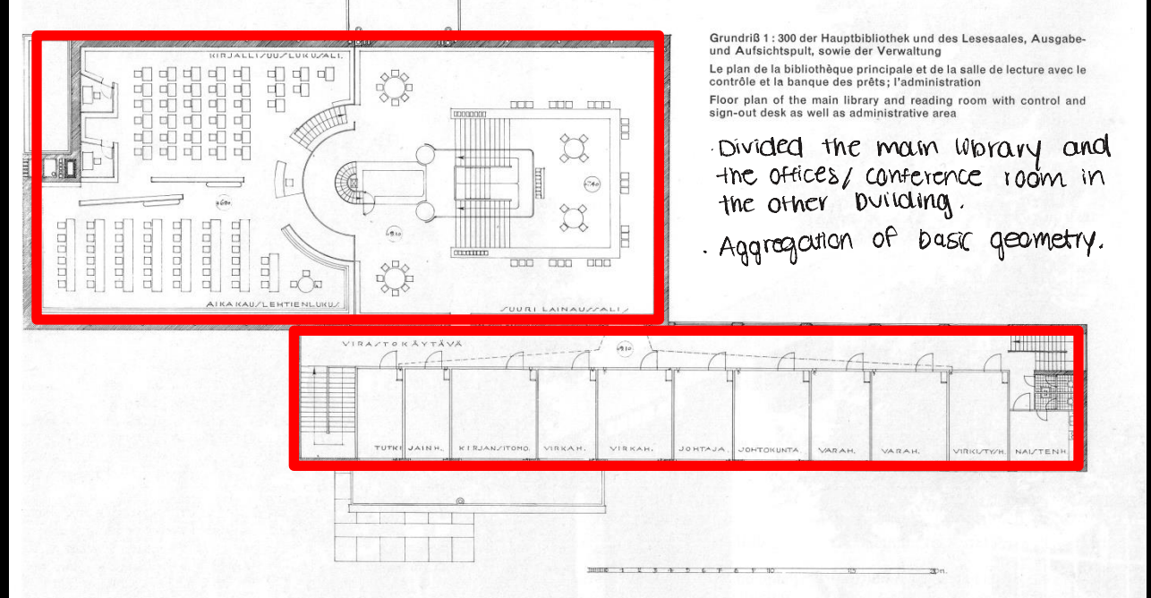 <p>Theme 5 </p><p>Divided the main library and the offices/conference room in the other building.</p><p>Aggregation of basic geometry</p>