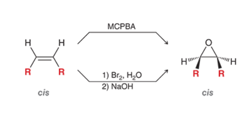 <p>reagents: MCPBA (concerted) alkene —> epoxide</p><p> 1) Br<sub>2</sub>, H<sub>2</sub>O 2) NaOH (stepwise) halohydrin—> epoxide </p>