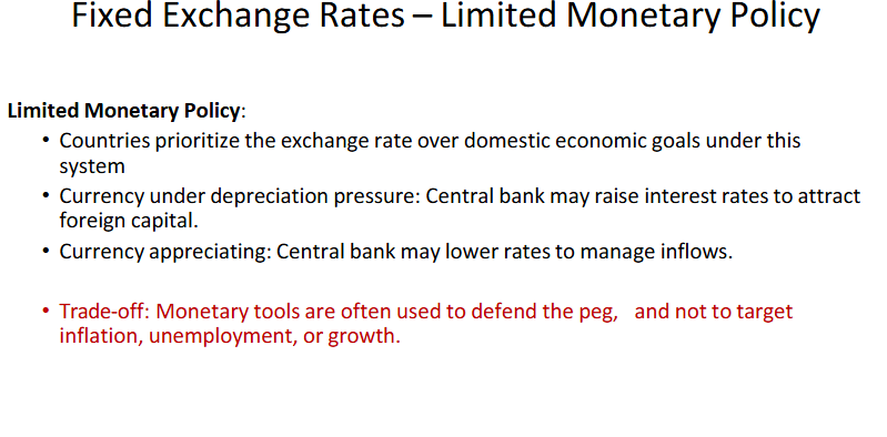 <ul><li><p>bank may <strong>lower interest rates</strong>. Lower returns discourage foreign inflows, reducing demand for the domestic currency and preventing it from becoming too strong. Why is being too strong a problem?</p><ul><li><p>he central bank uses interest rates mainly to <strong><mark data-color="#1d9ae8" style="background-color: rgb(29, 154, 232); color: inherit;">stabilize the exchange rate</mark></strong>, even if that conflicts with domestic goals like controlling inflation or boosting growth.</p></li></ul></li></ul><p></p>