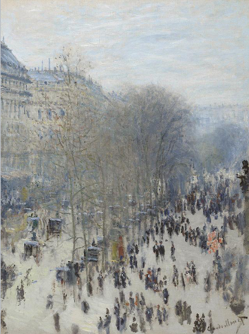 <p><strong>Identification:</strong></p><ul><li><p>Artist: Monet</p></li><li><p>Title: <em>Boulevard des Capucines</em></p></li><li><p>Date: 1873</p></li><li><p>Movement: Impressionism</p></li></ul><p><strong>Historical Context:</strong></p><ul><li><p>Depicts a newly modernized Paris after Haussmann’s renovations, with wide boulevards and increased public activity.</p></li><li><p>Reflects the rise of urban life, crowds, and leisure in the modern city.</p></li><li><p>Painted from an elevated viewpoint, linking to the perspective of the <strong>flâneur</strong> as an observer of city life.</p></li></ul><p><strong>Style:</strong></p><ul><li><p>Loose, quick brushstrokes reduce figures to small, indistinct forms.</p></li><li><p>Emphasis on movement, light, and atmosphere rather than clear detail.</p></li><li><p>The high viewpoint creates distance, making the scene feel like a passing visual impression.</p></li></ul><p><strong>Themes:</strong></p><ul><li><p>Captures the experience of modern city life and crowded public spaces.</p></li><li><p>Suggests the anonymity of individuals within large urban crowds.</p></li><li><p>Reflects the act of observing rather than participating, aligning the viewer with the flâneur.</p></li><li><p>Focuses on how the scene is perceived in a moment rather than telling a story.</p></li></ul><p></p>
