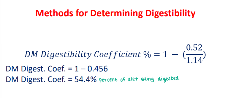 <p>If the <strong>marker concentration in </strong><span style="color: blue;"><strong>feed </strong></span><strong>is 0.52% </strong>and <strong>Marker concentration in </strong><span style="color: red;"><strong>feces </strong></span><strong>is 1.14%</strong> then <strong>DM Digestiblility Coefficient is ______ (percent of diet being digested)</strong></p>