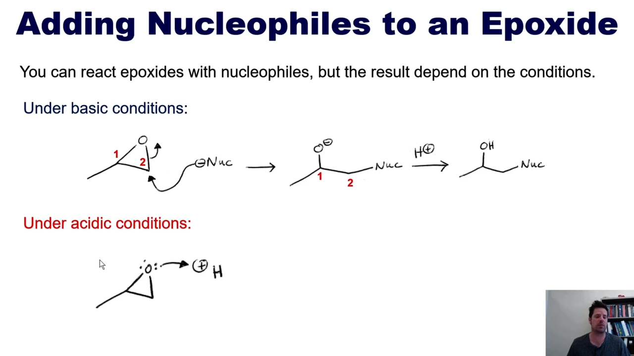<p>The exception here is that the nucleophile comes in towards the least substituted part and the oxygen anion takes up an H+ from the environment THIS IS ANTI </p>