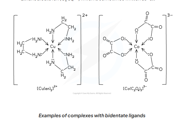 <ul><li><p><span>1,2-diaminoethane (H</span><sub>2</sub><span>NCH</span><sub>2</sub><span>CH</span><sub>2</sub><span>NH</span><sub>2</sub><span>)</span></p></li><li><p><span>Ethanedioate (C<sub>2</sub>O<sub>4</sub><sup>2-</sup>)</span></p></li></ul><p></p><p>(Examples of these complexes shown in the images)</p><p></p>