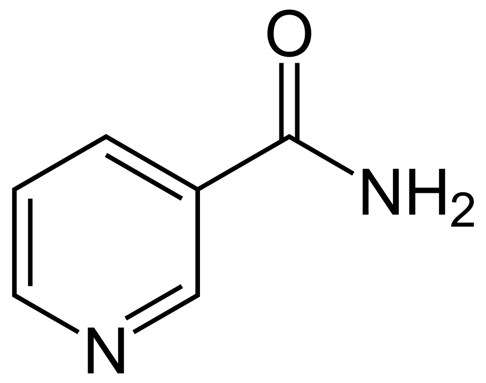 <p>Niacinamide is pyridine with the amide group. Pyridine is niacinamide without C(=O)NH2.</p>