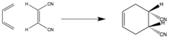 <p>Conjugated diene reacts with alkene to form cyclohexene.</p><p>S-trans dienes must switch to s-cis dienes before reacting. </p><p>Locked s-trans dienes won't react.</p><p>Stereochemistry of alkenes and dienes maintained. +/-</p>