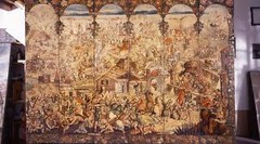 <p>Form:</p><p>-Japanese folding screen (Biombo)</p><p>-Spanish Colonial Baroque</p><p>-tapestry</p><p>-tempora/resin on wood</p><p>-shell inlay (Aztec)</p><p>Content:</p><p>-historical event from Europe</p><p>-one side: battle scene</p><p>-other side: landscape</p><p>-Great Turkish War</p><p>-combines multiple cultures</p><p>Function:</p><p>-expresses exonomic power of the Spanish in Colonial Mexico</p><p>-made Spanish viceroy</p><p>-room divider (biombo- Japanese folding screen)</p><p>-relationship between Japan and Latin America</p><p>Context:</p><p>-Circle of Gonzalez Family, 1697-1701 CE</p><p>-Spanish Colonial</p>