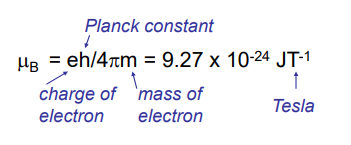 <p><span style="background-color: inherit; line-height: 21.85px;">μ</span><span style="background-color: inherit; line-height: 20.7px; color: windowtext;"><sub>eff </sub>is usually expressed in units of Bohr magneton (</span><span style="background-color: inherit; line-height: 21.85px;">μ</span><span style="background-color: inherit; line-height: 20.7px; color: windowtext;"><sub>B</sub>), or B<sub>M</sub>, the magnetic moment associated with a single electron in the H atom:</span><span style="line-height: 20.7px; color: windowtext;">&nbsp;</span></p>