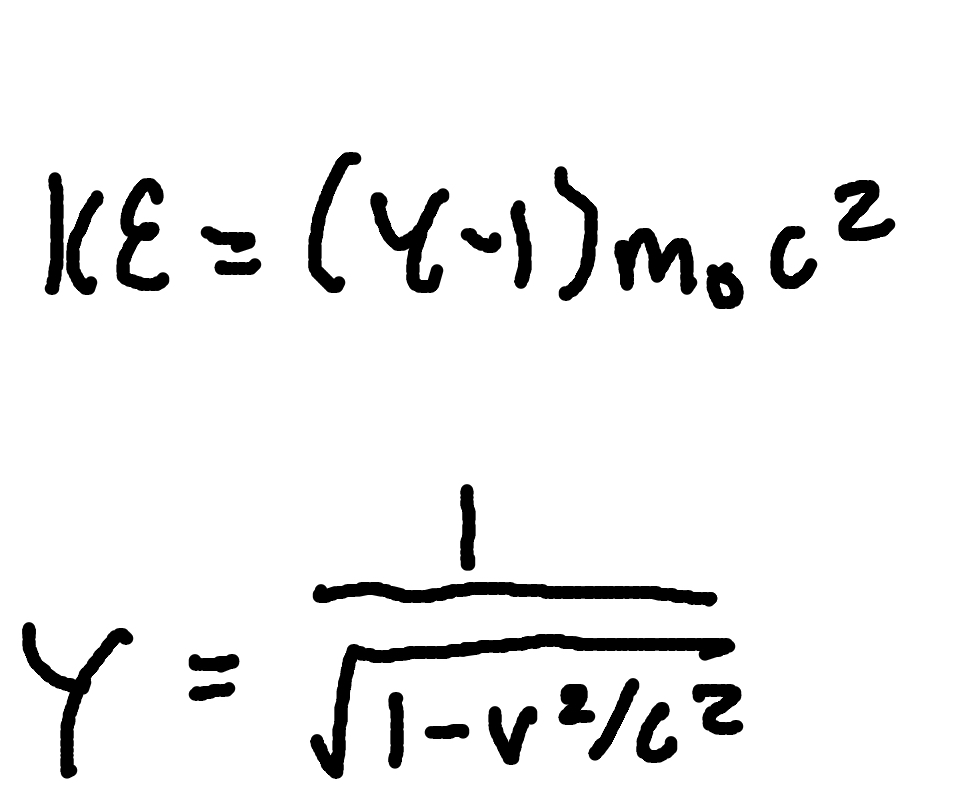 <p>where </p><p>γ = Lorentz factor</p><p>K = Kinetic Energy</p><p>m0 = rest mass</p><p>c = speed of light (3×10^8m/s)</p>