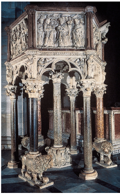 <p>Nicola Pisano, (father) Pisa, Italy 1259–1260, Marble Italian Art</p><p>--is famous for bringing back elements of ancient Roman sculpture</p><p>-Figures look solid, heavy, and realistic, like Roman statues</p><p>-lack of emotion on the sculptures </p><p><strong>-Nicola Pisano reconnects art with classical realism</strong></p>