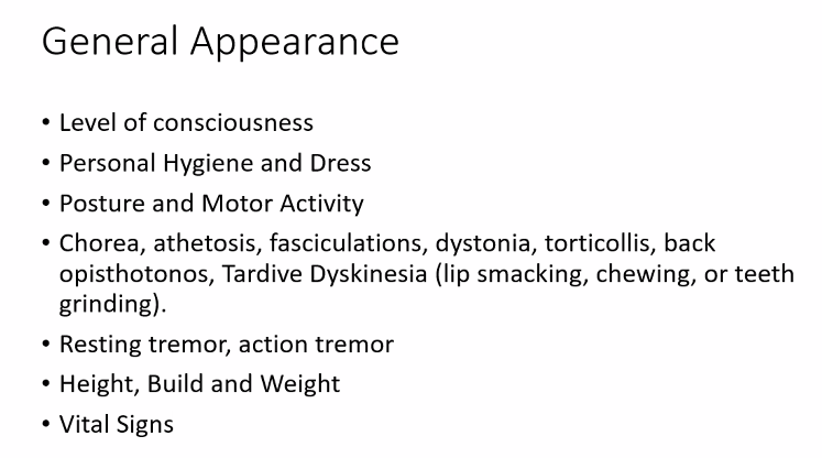 <p><u>general appearance</u></p><p>These terms come from <strong>neurology and physical examination</strong>, especially when evaluating <strong>movement disorders</strong> during a clinical exam.</p><p></p>