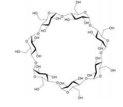 <p>carbohydrate ring with a hydrophilic exterior and lipophilic core; each can only carry one drug inside; used for water insoluble drugs</p>