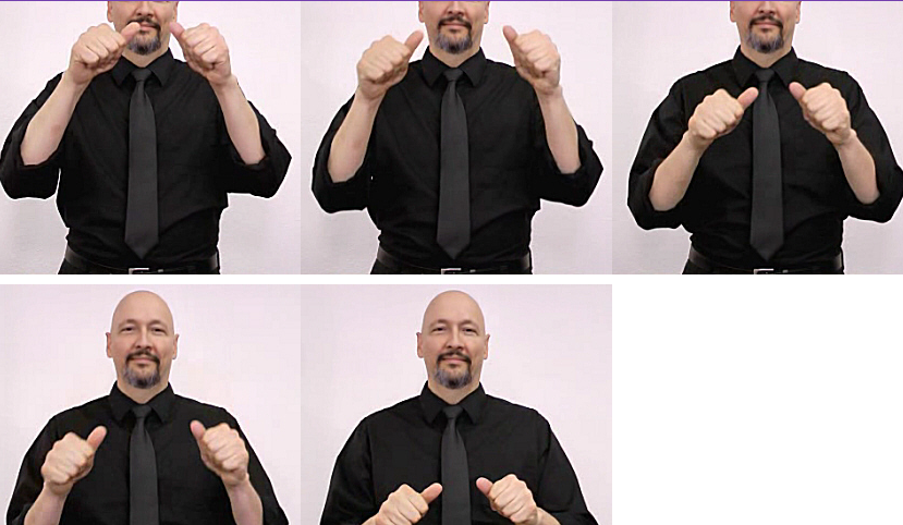 <p>make letter a”s with hands and draw hourglass in the air above head and then down</p>