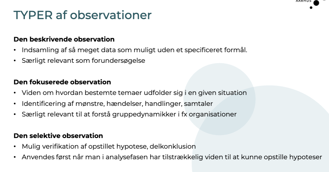 <p>Forklar observations teknikker og former </p>