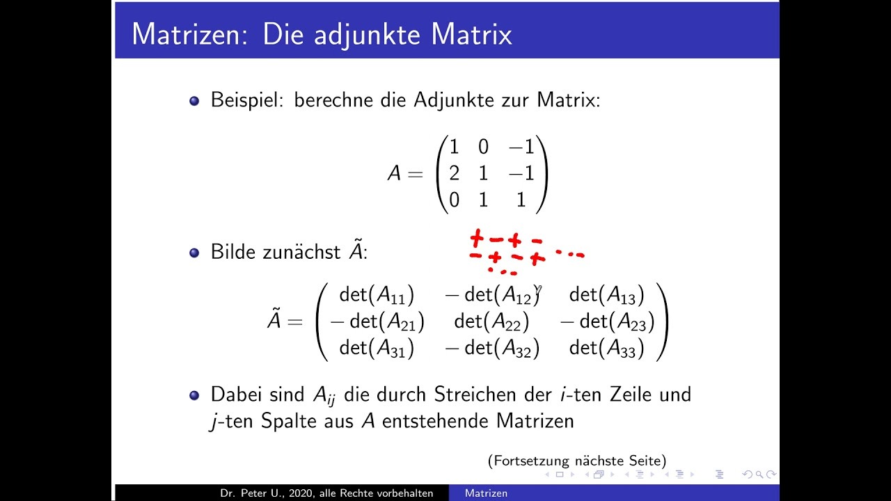 <p>Die Adjunkte selbst ist wieder eine Matrix. Als Werte a_ij stehen immer die determinanten der jeweiligen Minoren. Also det(M_ij). Zusätzlich kommt noch der Vorfaktor hinzu, wie man ihn von der Rekursiven Determinantenberechnung kennt (glenau gleich)</p>