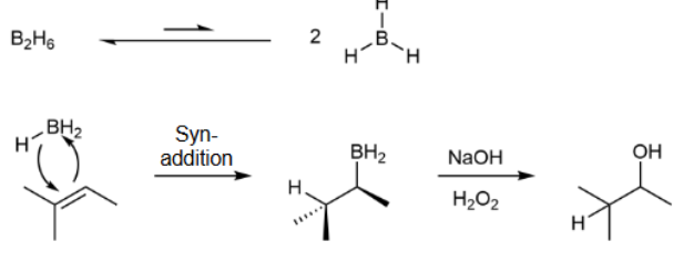 <p>favors anti-Markovnikov; all heterolytic cleavages &amp; syn addition &amp; H bonds to the more substituted carbon because of sterics; no rearrangment</p>
