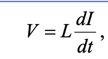 <p>Current generates <strong>B</strong> in the coil, then you get a total magnetic flux, and from Faraday’s law some changing flux with time as you ramp up the current gives you the BACK EMF, which is this V but negative. To push current through the coil against this back-EMF, an external circuit must supply a voltage given by this equation with positive L dI/dt. </p>