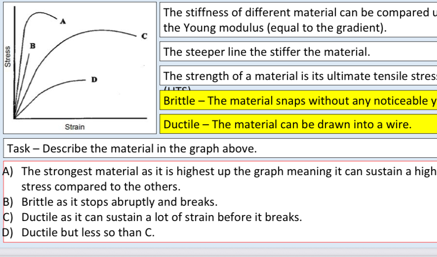 <ul><li><p>strength of a material is its ultimate tensile stress</p></li><li><p>stiffness is its young’s modulus - greater gradient means stiffer material</p></li></ul><p></p>