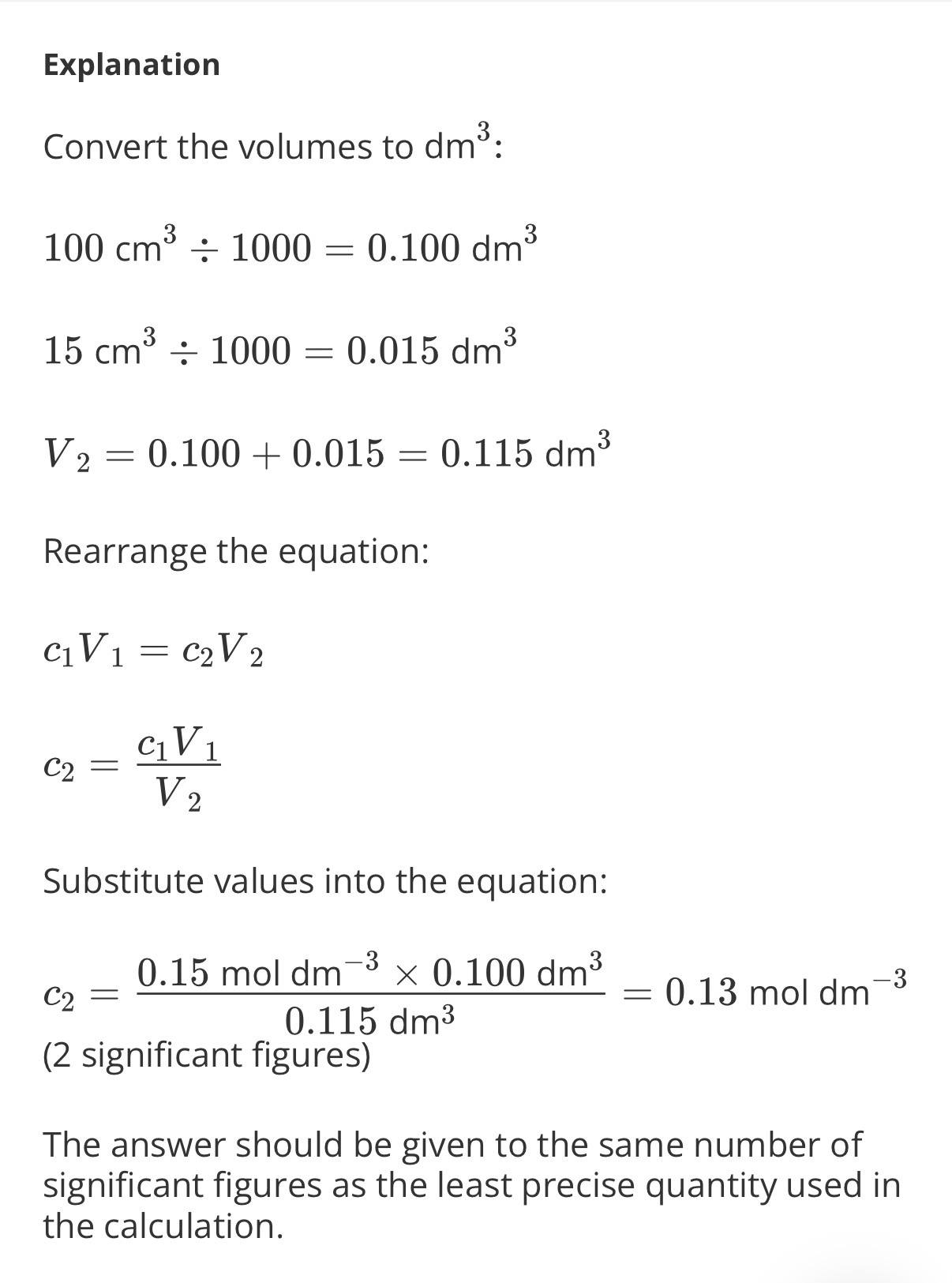 <ol><li><p>0.04 dm-*3 Q2. 0.075 mol dm-3(C1V1/V2)</p><ol start="3"><li><p>answer is in image</p></li><li><p>Water</p></li></ol></li></ol><p></p>