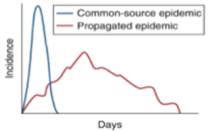 <p>Single source of infection which the population is exposed to, rapid increase in incidence followed by decrease, cases tend to stay near the source of the problem (ex. food poisoning)</p>