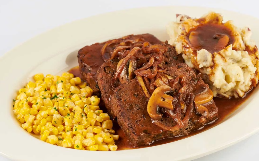 <p>Served with Mashed Potatoes, Mushroom Gravy, Grilled Onions and Fresh Buttered Corn</p>