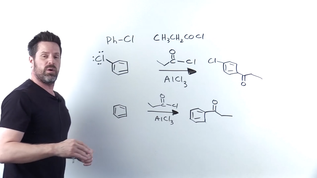 <p>halogens, they withdraw as well to the point where normal benzne would be faster </p>