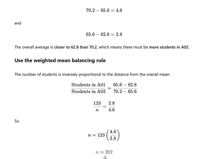 <p><strong>Weighted Mean (Weighted Average) Question with Group Averages</strong>.</p><ul><li><p>These are classic <strong>weighted mean</strong> questions because the groups have different sizes.</p></li></ul><p></p>