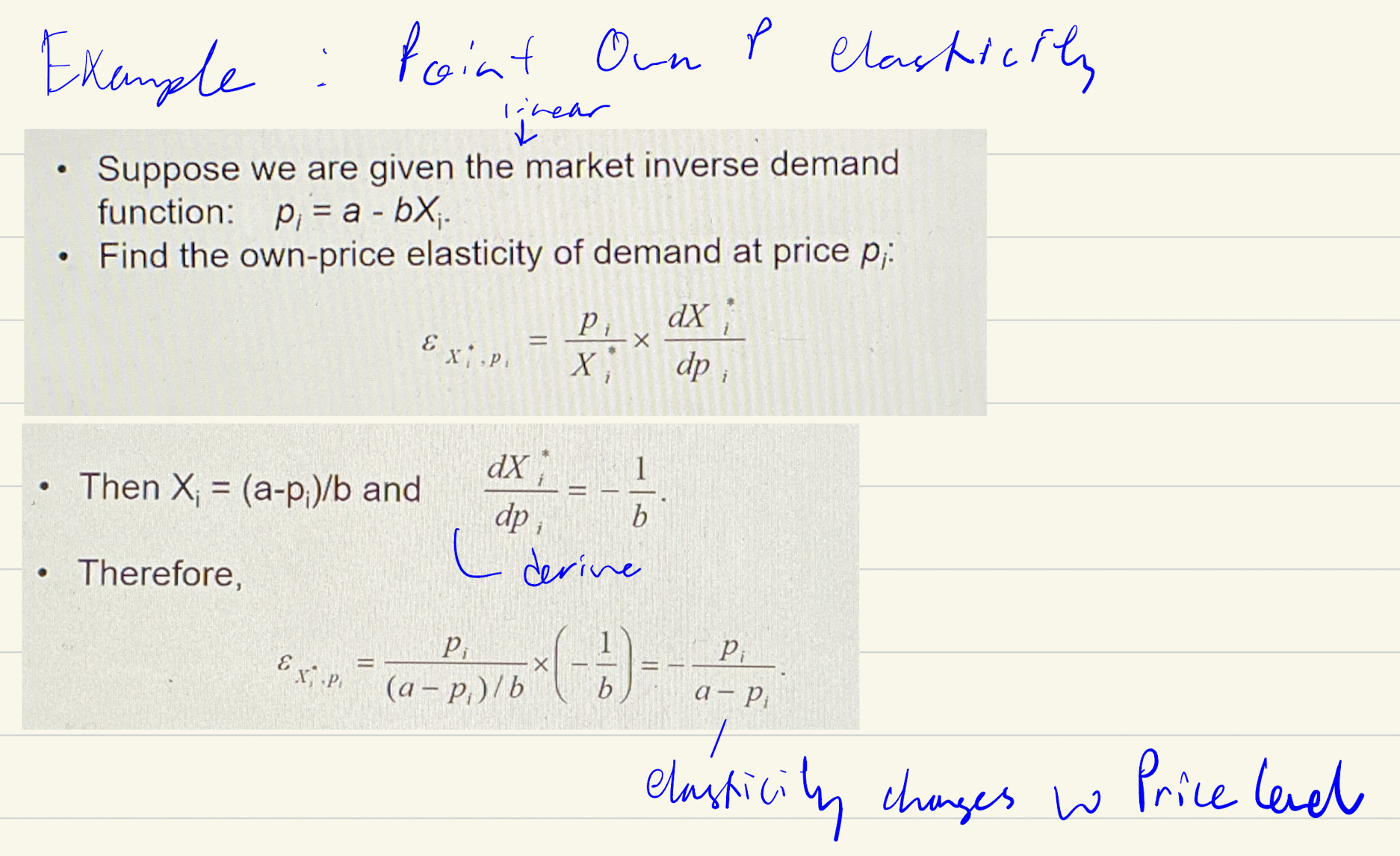 <p>3 cases: <br>Linear Demand<br>Constant-elasticity demand (x = kp<sup>a</sup>) - elasticity is constant = a<br>Cobb douglas: -1</p>