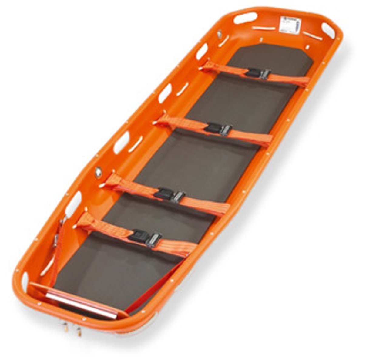 <p>a ridged stretcher commonly used in technical and water rescues that surrounds and supports the patient yet allows water to drain through the holes in the bottom. also called a stokes litter</p>